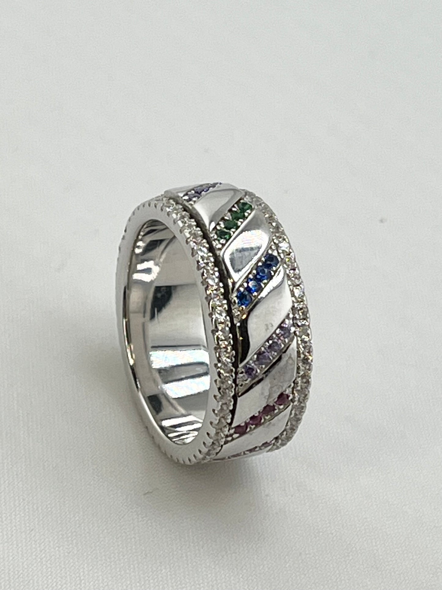 925 Sterling Silver Spinning Multi Color Stones In Rainbow Design Band