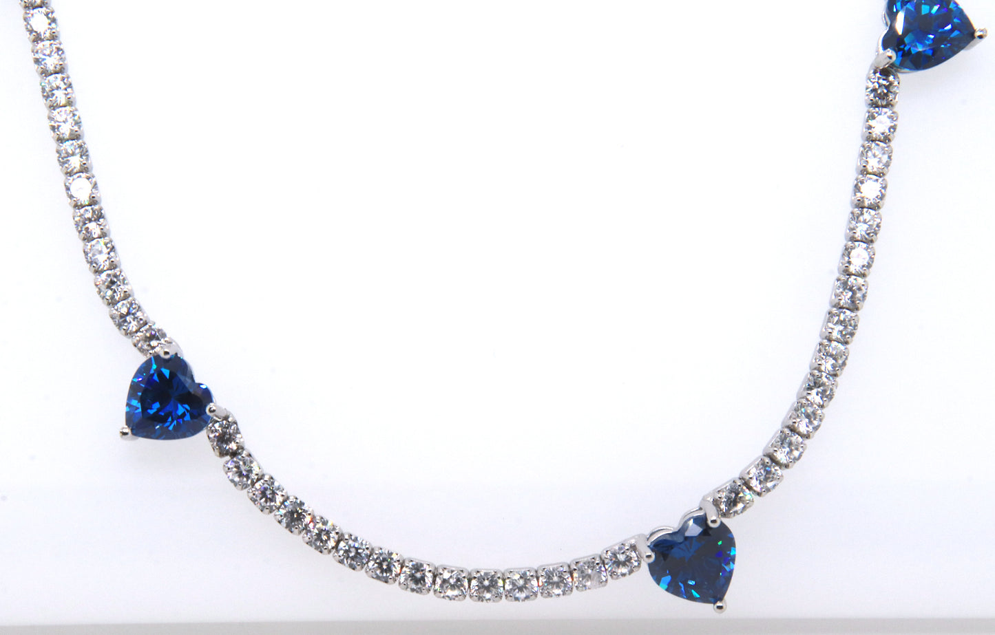 Sterling Silver Blue Heart Shaped Cubic Zirconia w White Cubic Zirconia Necklace