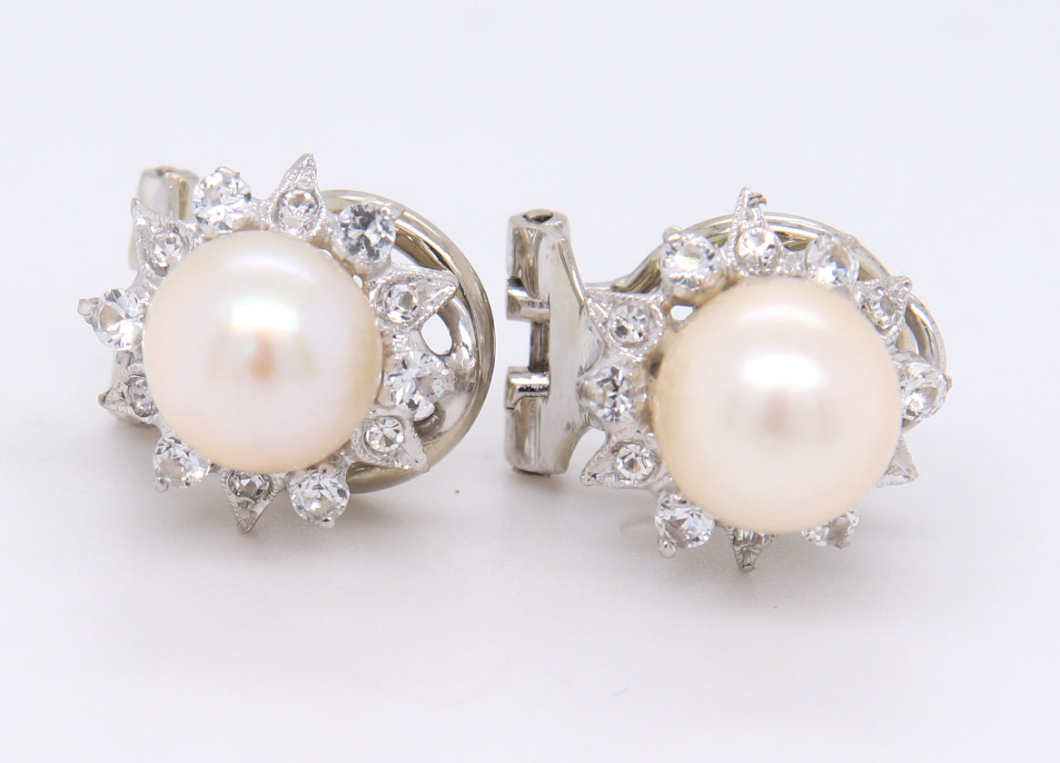 Powerful 18kt Pearl and Cubic Zirconia Button Earrings