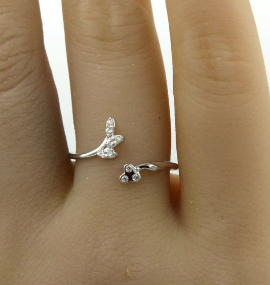 14kt White gold diamond leaf flower open ring