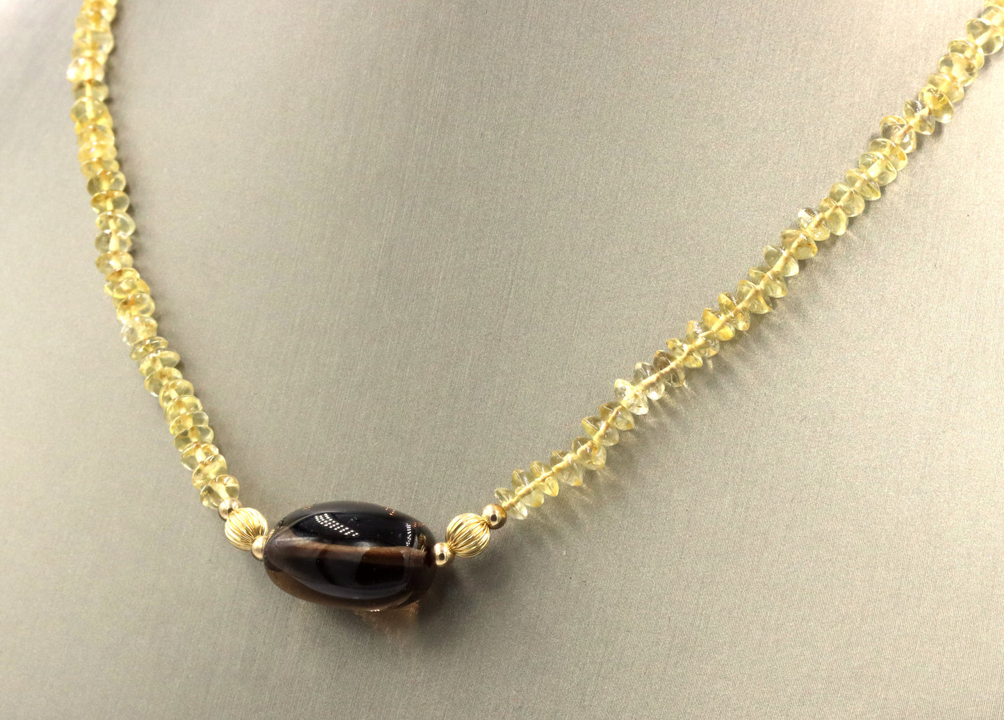 Smokey quartz pendant on citirne beaded necklace with 14kt yellow gold clasp