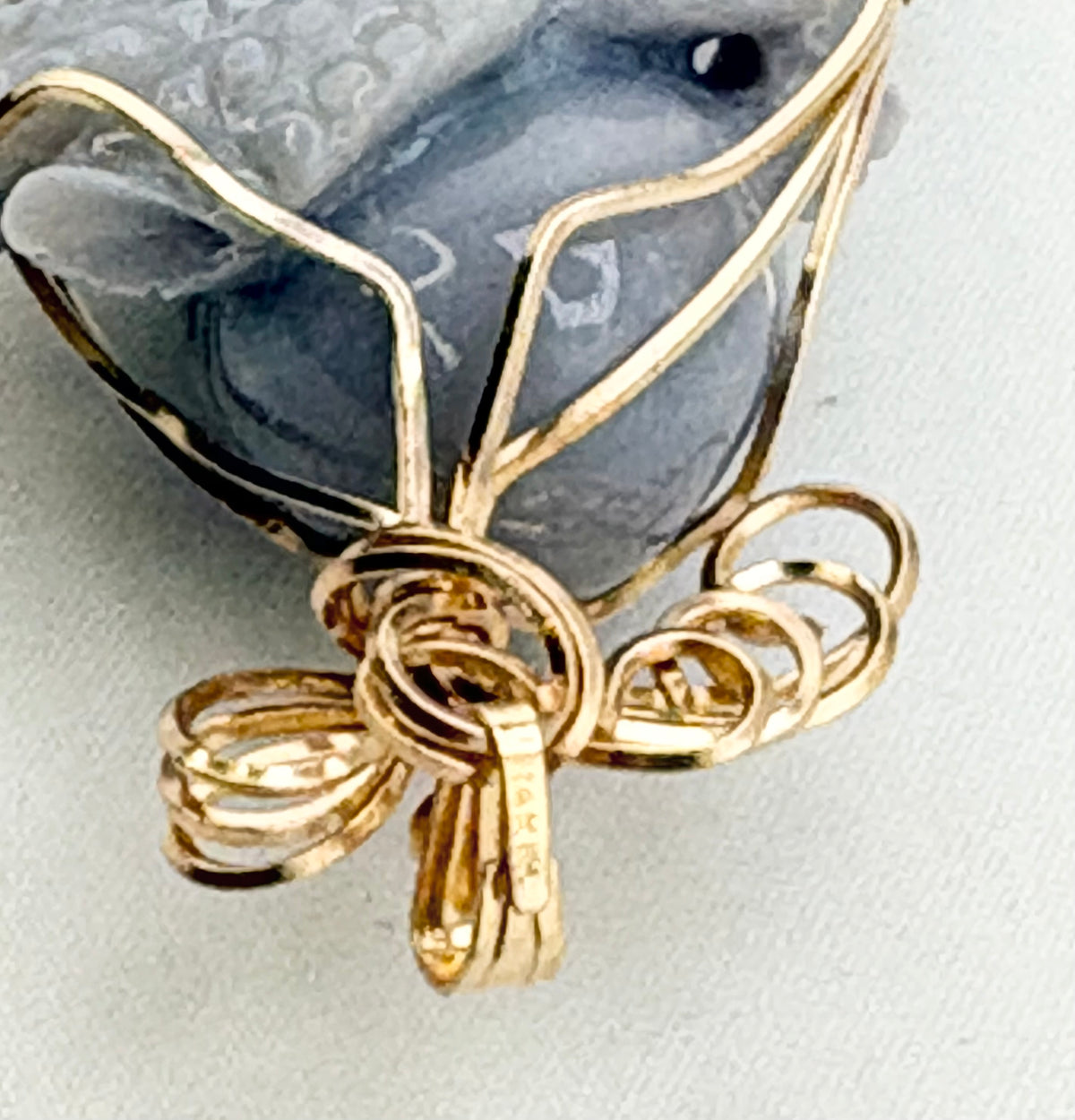 14KT Yellow Gold Hand Carved Jade Octopus  Wrapped In Wire Gold With Pearl Drop Pendant