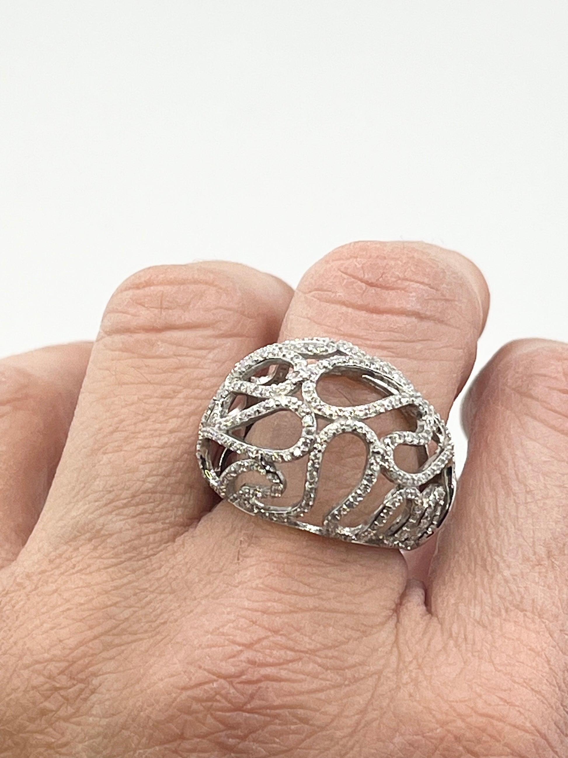 925 Sterling Silver Open Work Crystal pave Wave Scroll Motifs Ring