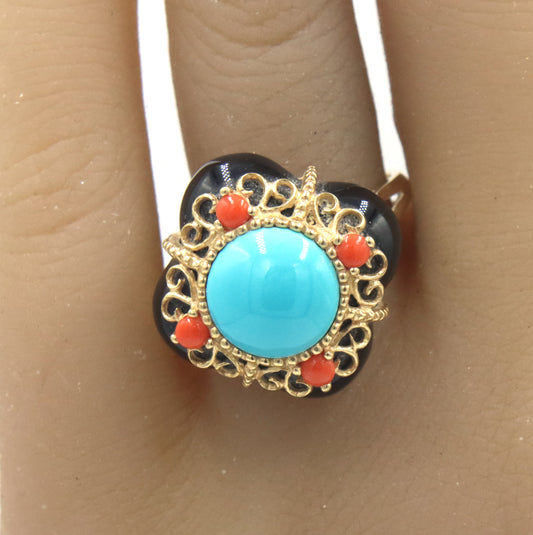 14kt Yellow gold black onyx, Turquoise and coral cocktail ring