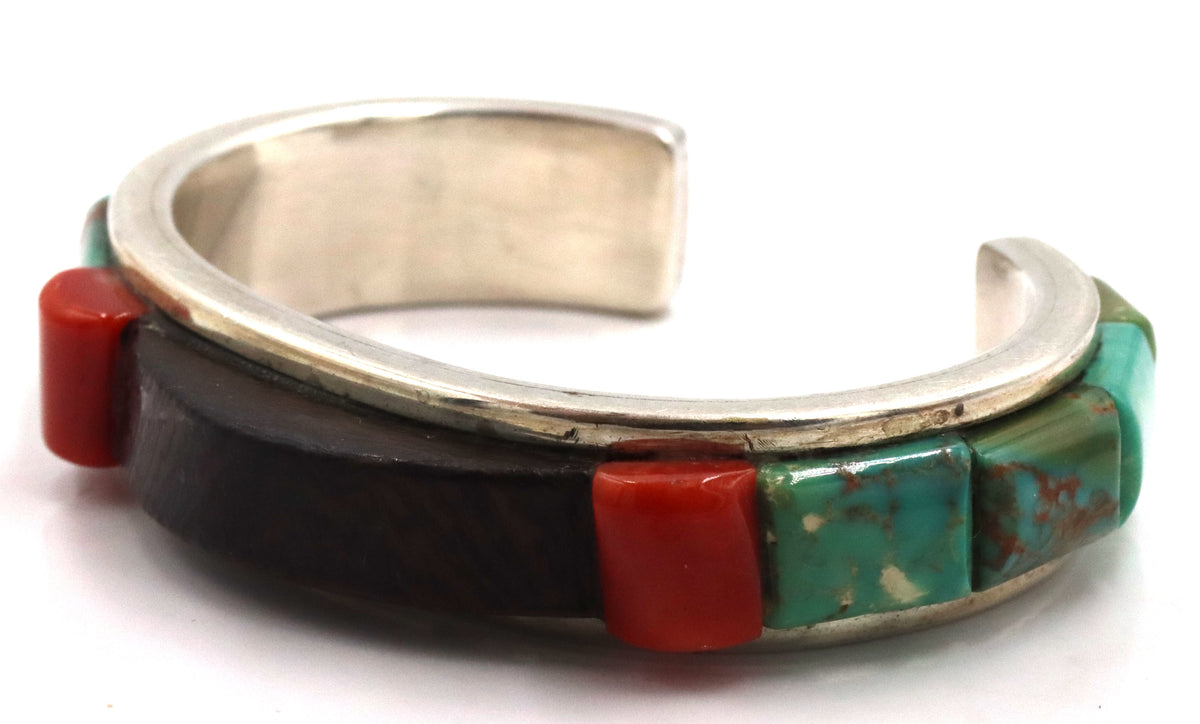 Lyndon B. Tsosie 925 Sterling Silver Vintage Tufacast Turquoise Coral And Jet Cuff Bracelet