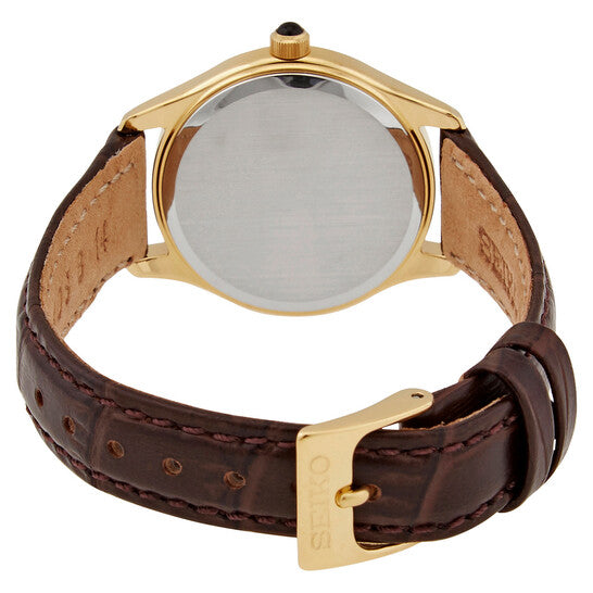 Seiko Women’s Quartz Dress Watch White Dial Gold-Tone Case Brown Leather Strap