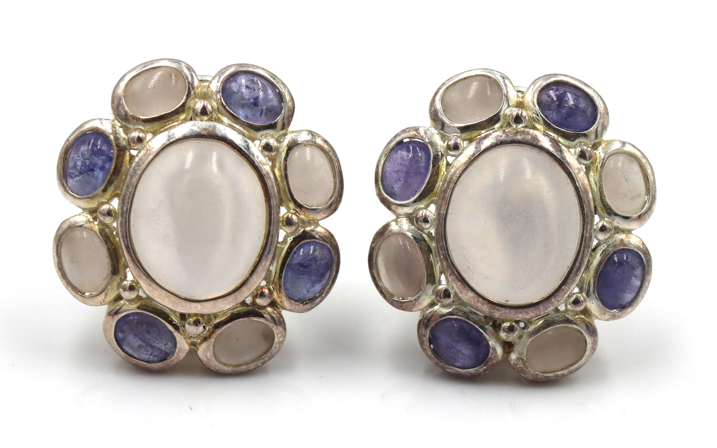 925 Sterling Silver Blue Calcedoney And Quartz Set Of Earrings And Ring