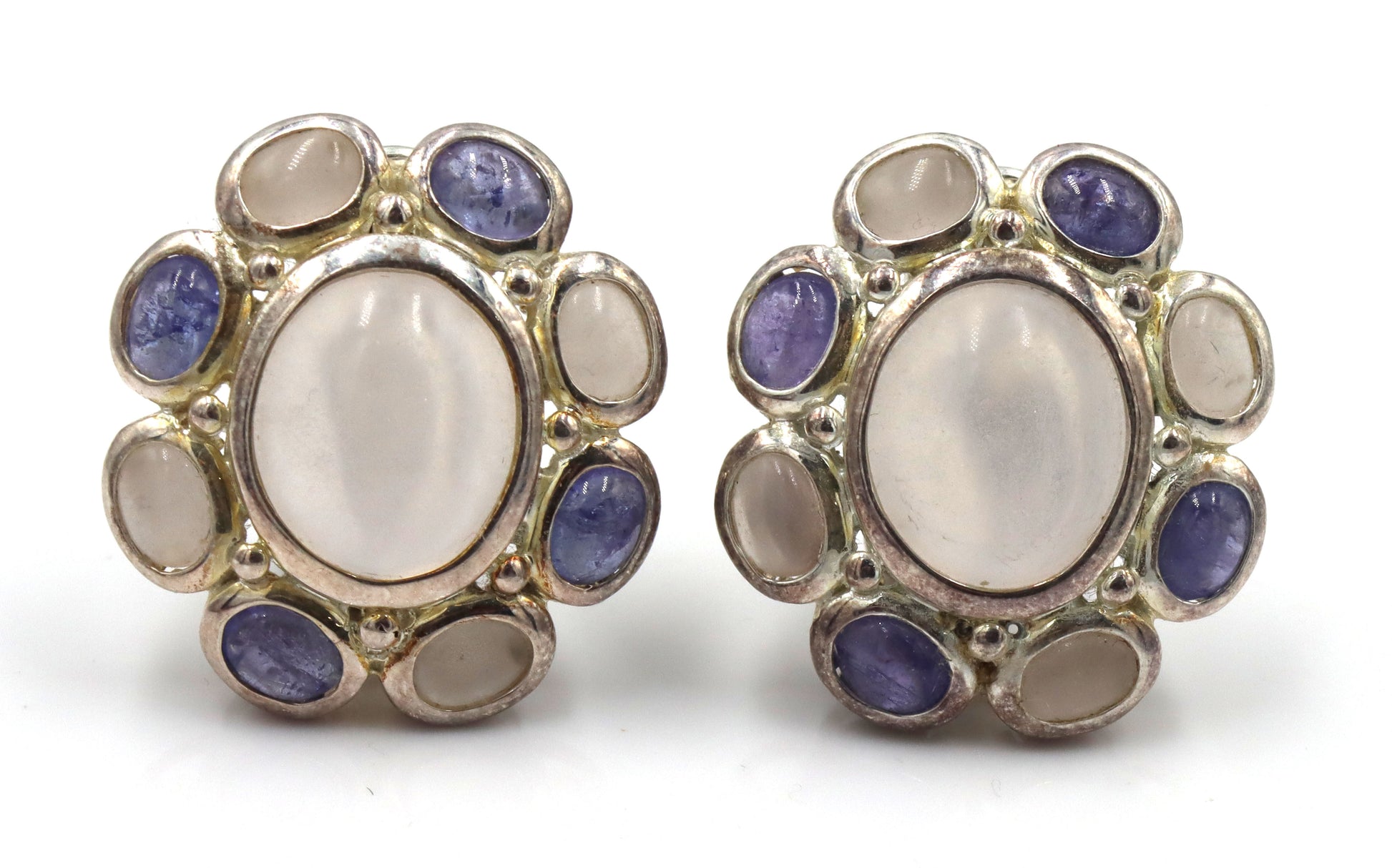 925 Sterling Silver Blue Calcedoney And Quartz Set Of Earrings And Ring