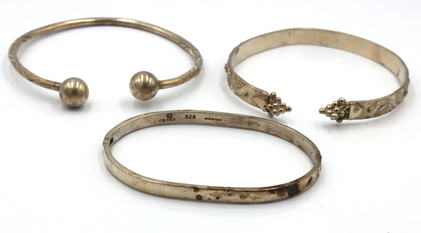 Group lot of 3 cuff bangles in 925 sterling silver