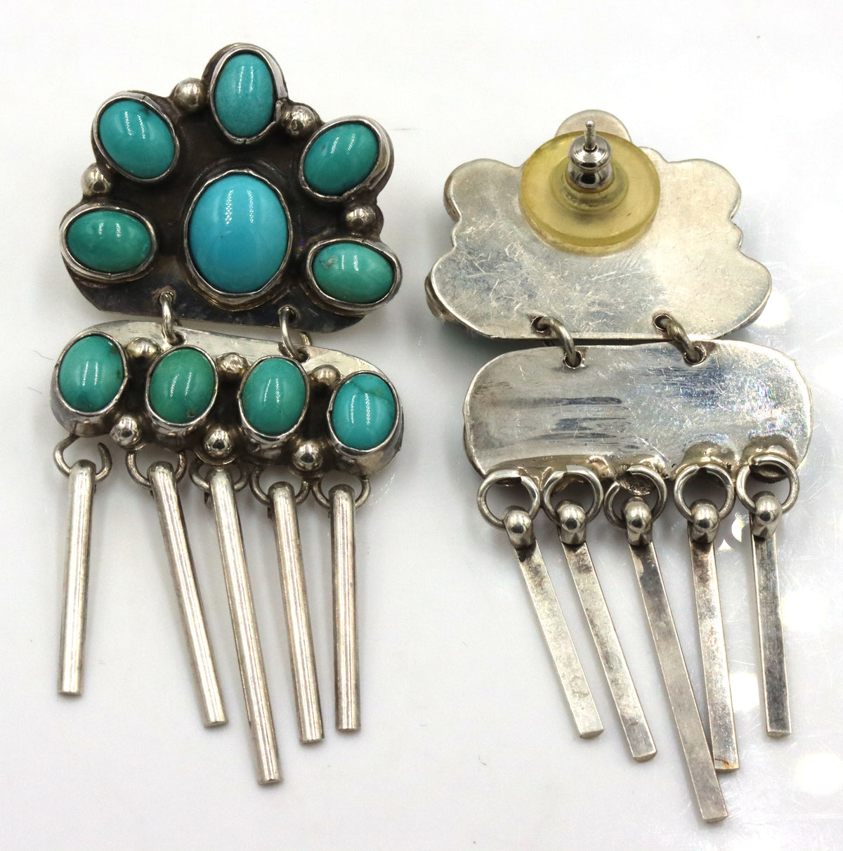 925 Sterling Silver Turquoise Flower Cluster Chandelier Dangle Earrings With Hanging Silver Fringe B