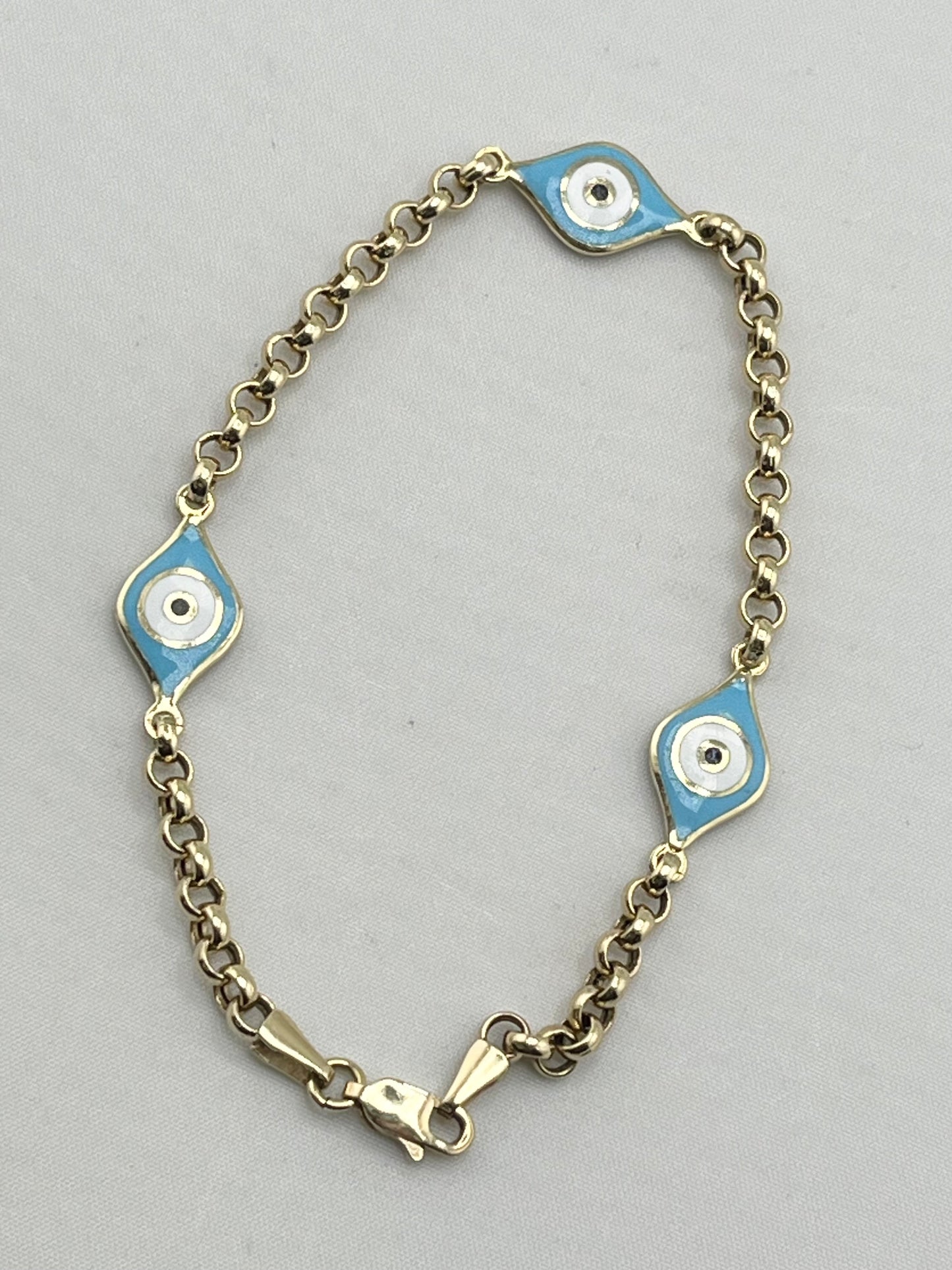 14KT Yellow Gold Two Different Enamel Color Evil Eye With Rolo link Chain