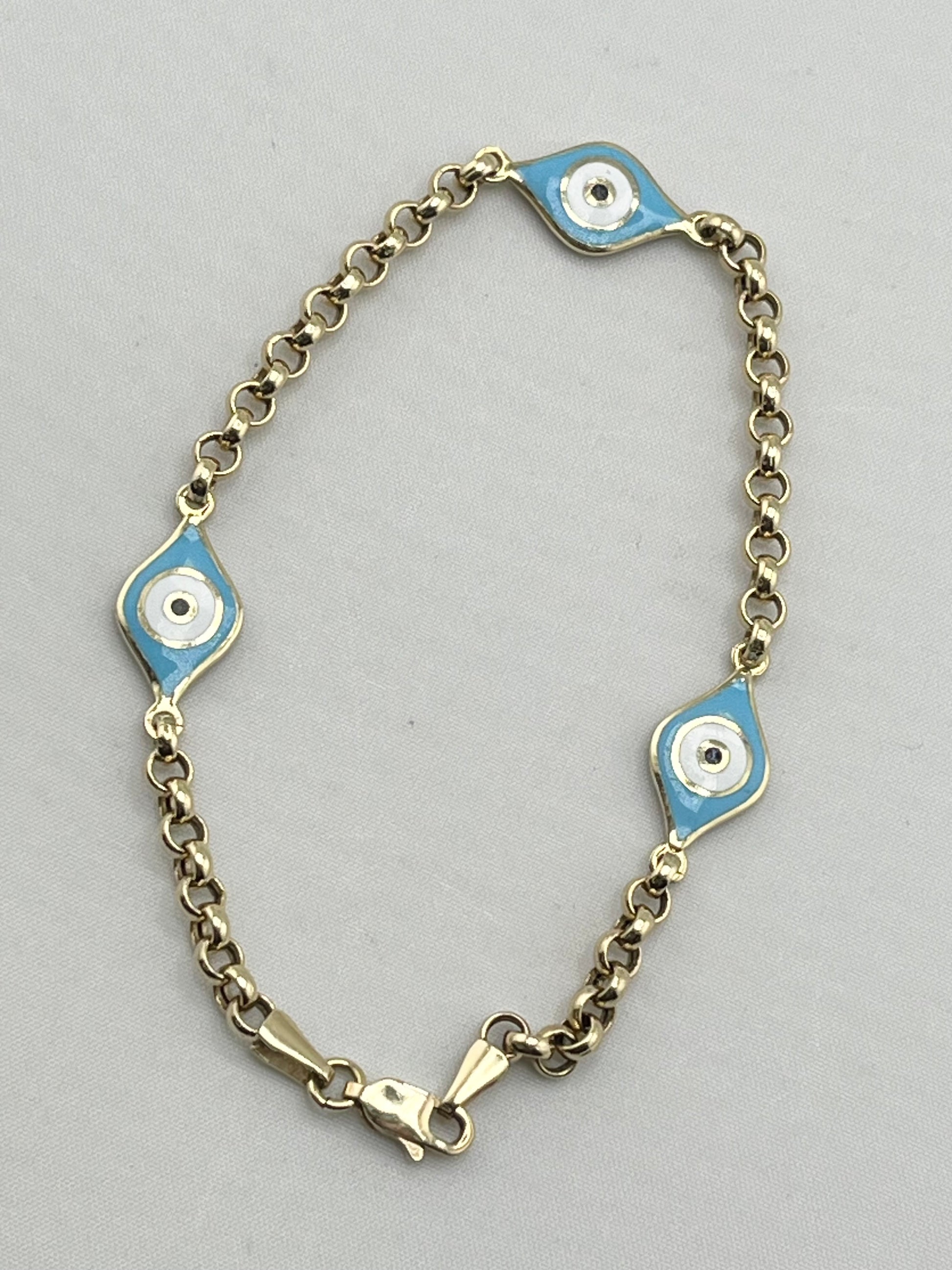 14KT Yellow Gold Two Different Enamel Color Evil Eye With Rolo link Chain