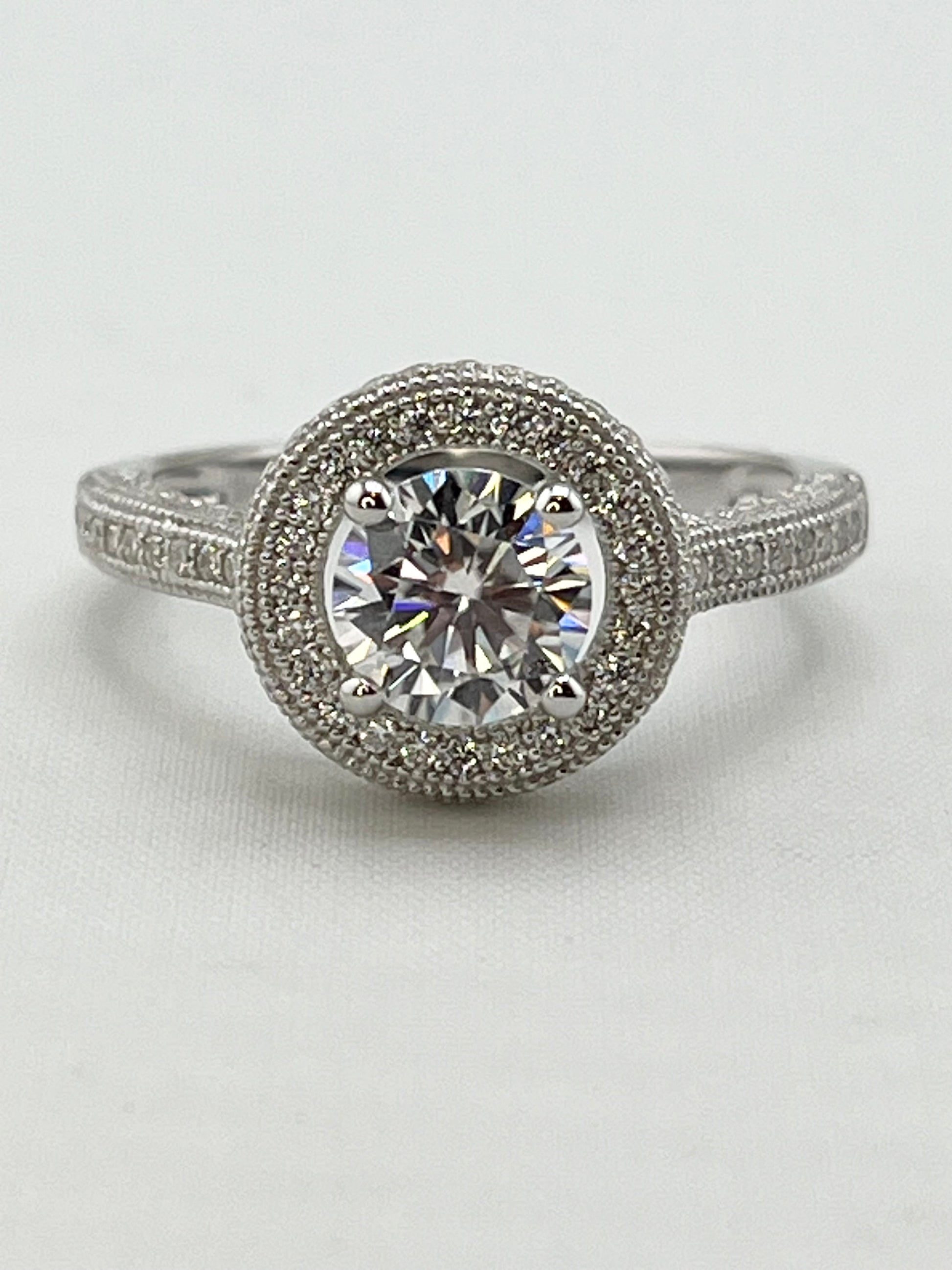 925 Sterling Silver TW One Carat Brilliant Cut Moissanite Halo Engagement Ring