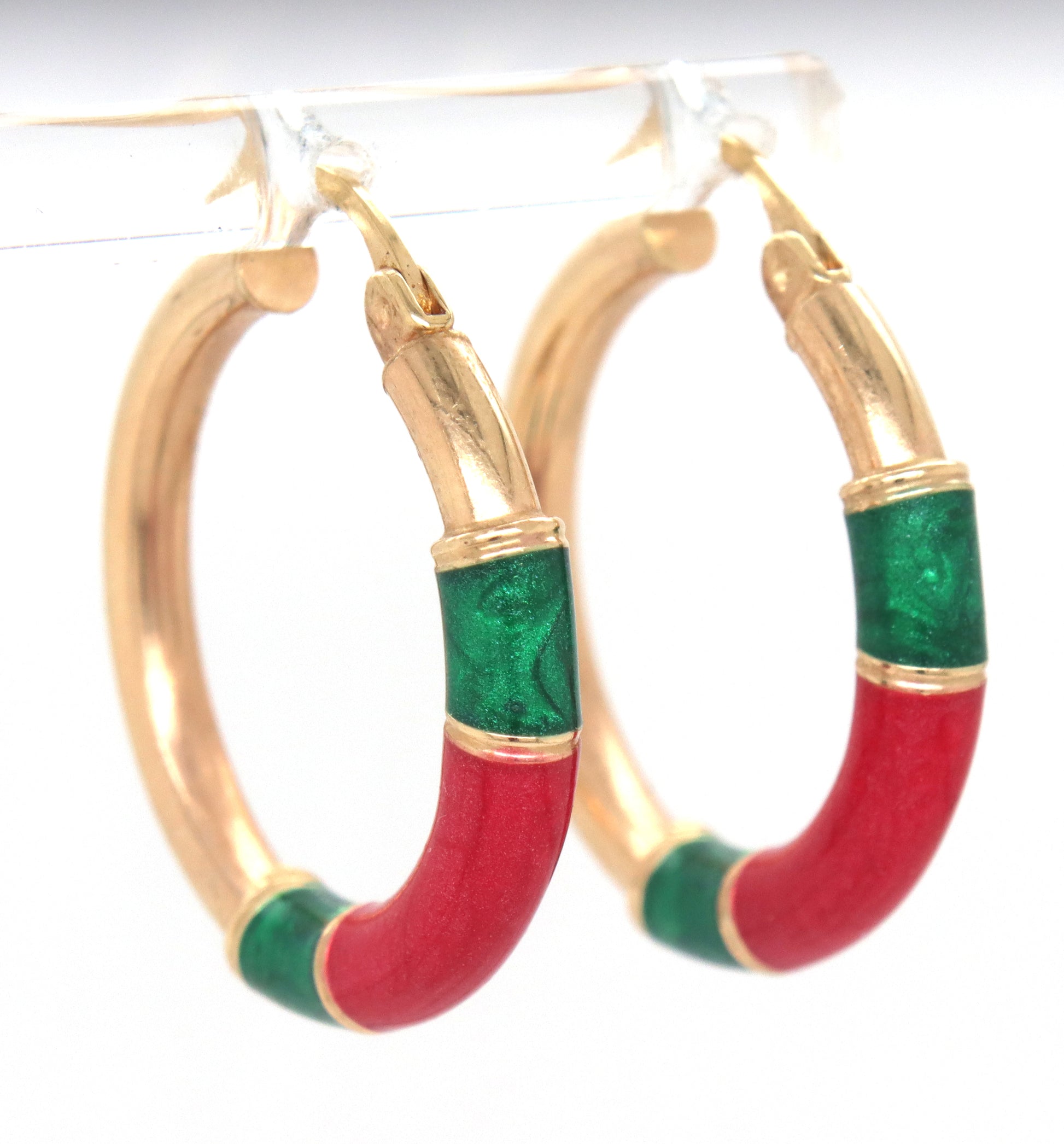 14kt Yellow gold red and green Enamel hoop earrings