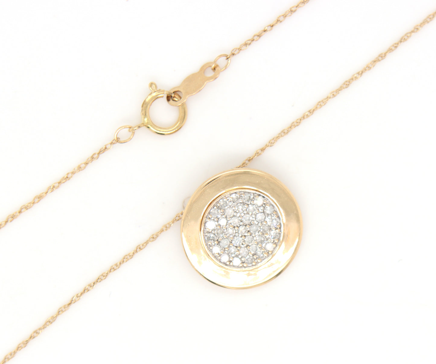 14kt Yellow gold pave diamond disk pendant on chain necklace