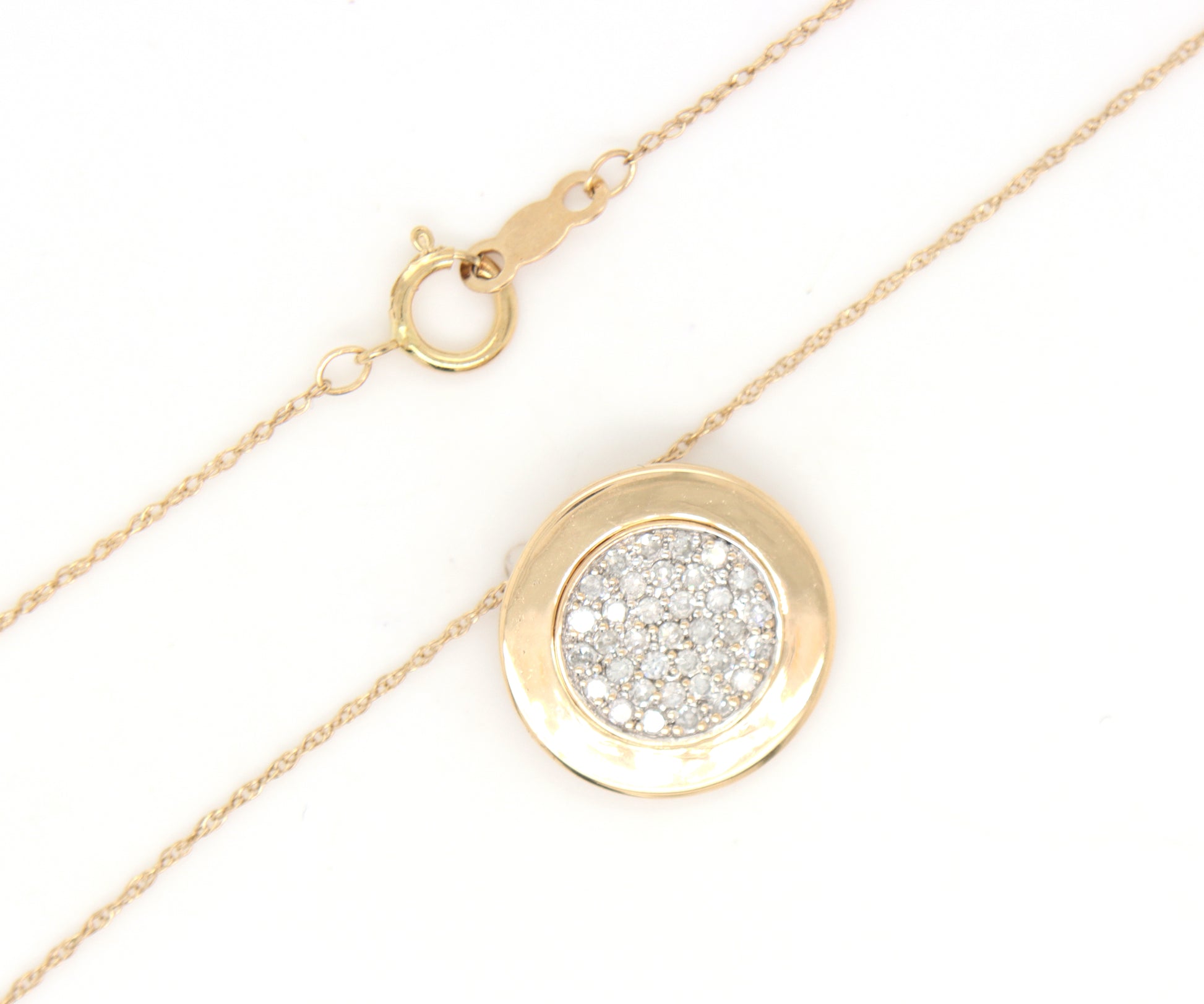 14kt Yellow gold pave diamond disk pendant on chain necklace