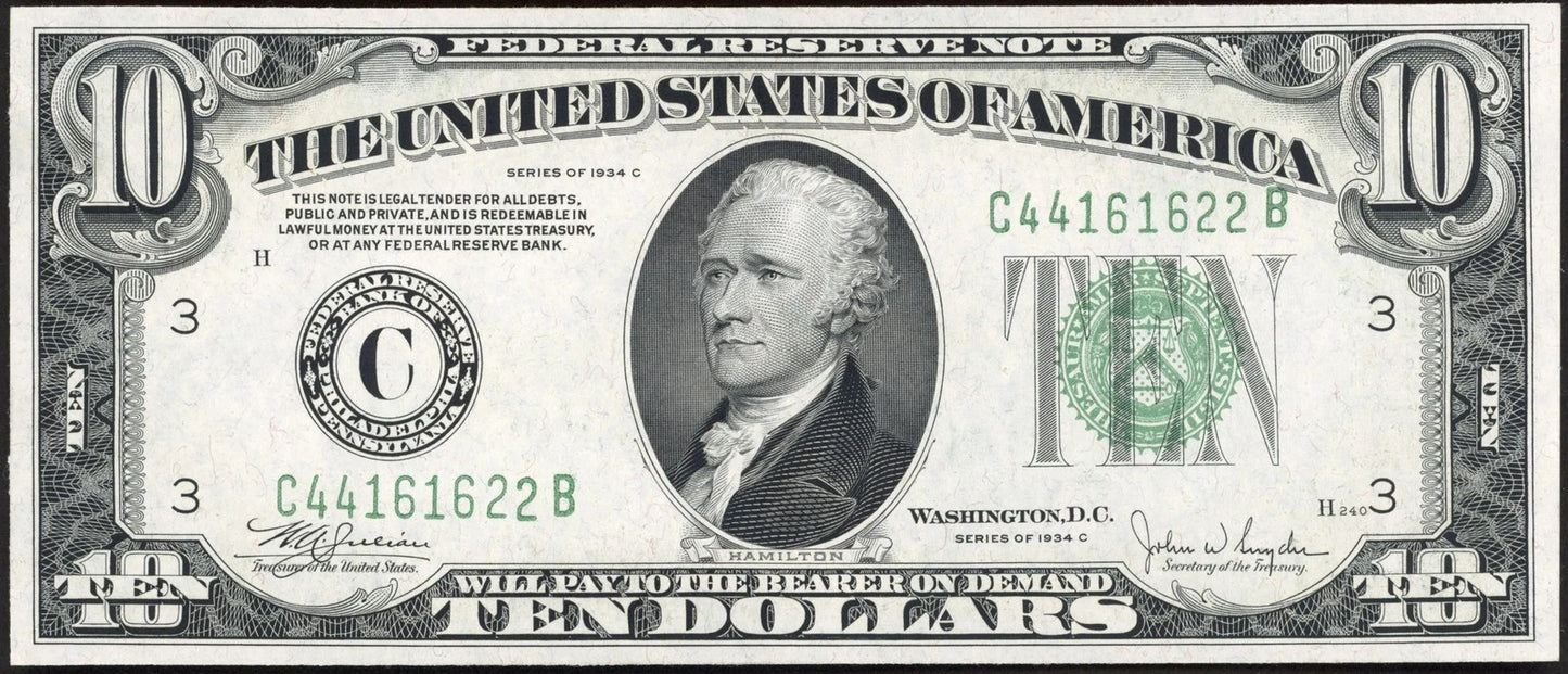 1934-C $10 Federal Reserve Note Philadelphia District Choice AU