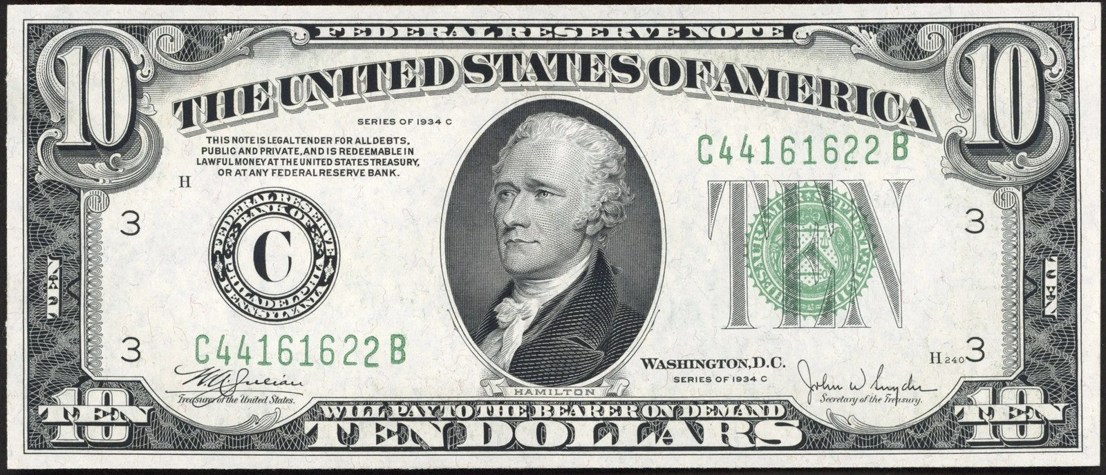 1934-C $10 Federal Reserve Note Philadelphia District Choice AU