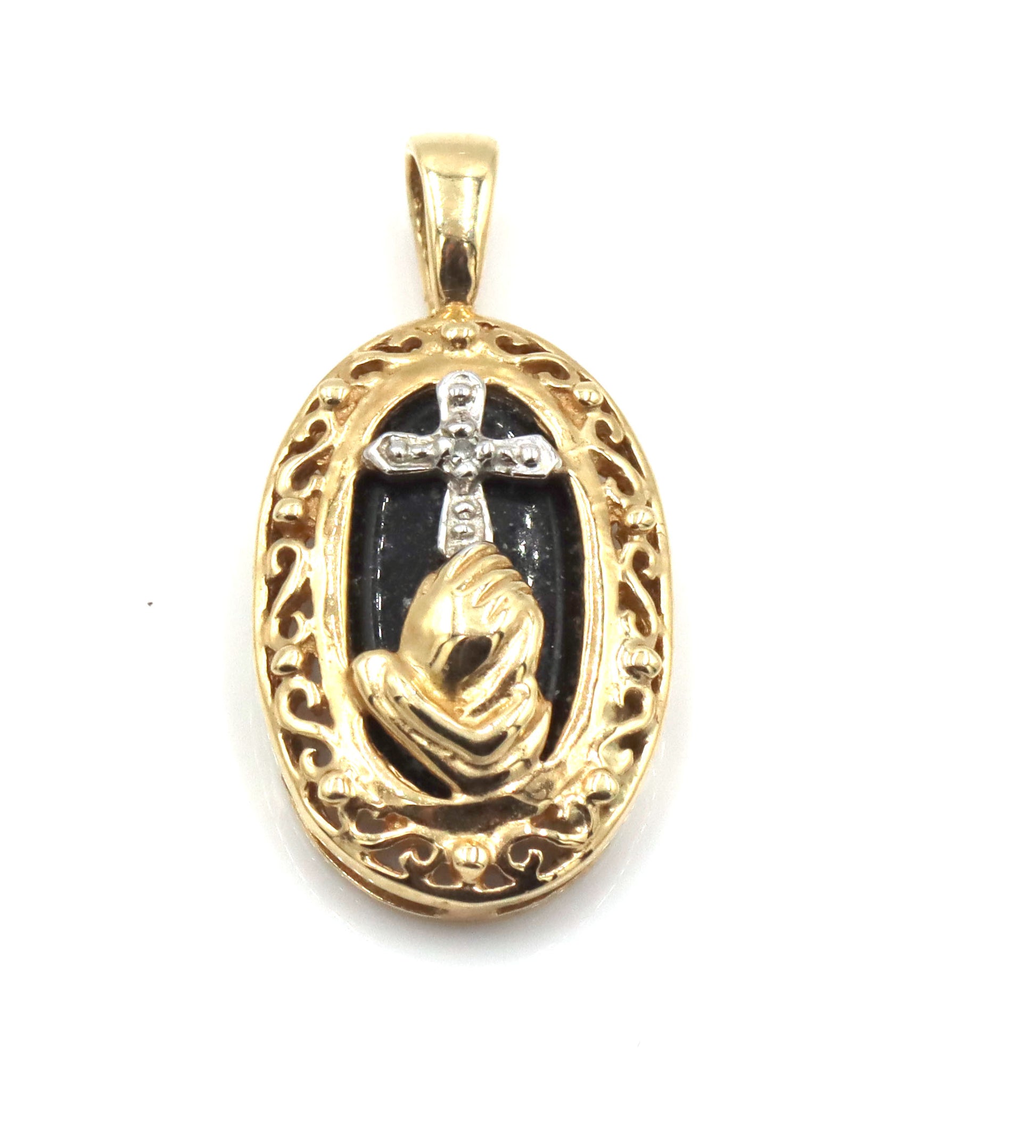 10kt Yellow gold black onyx diamond praying hands pendant