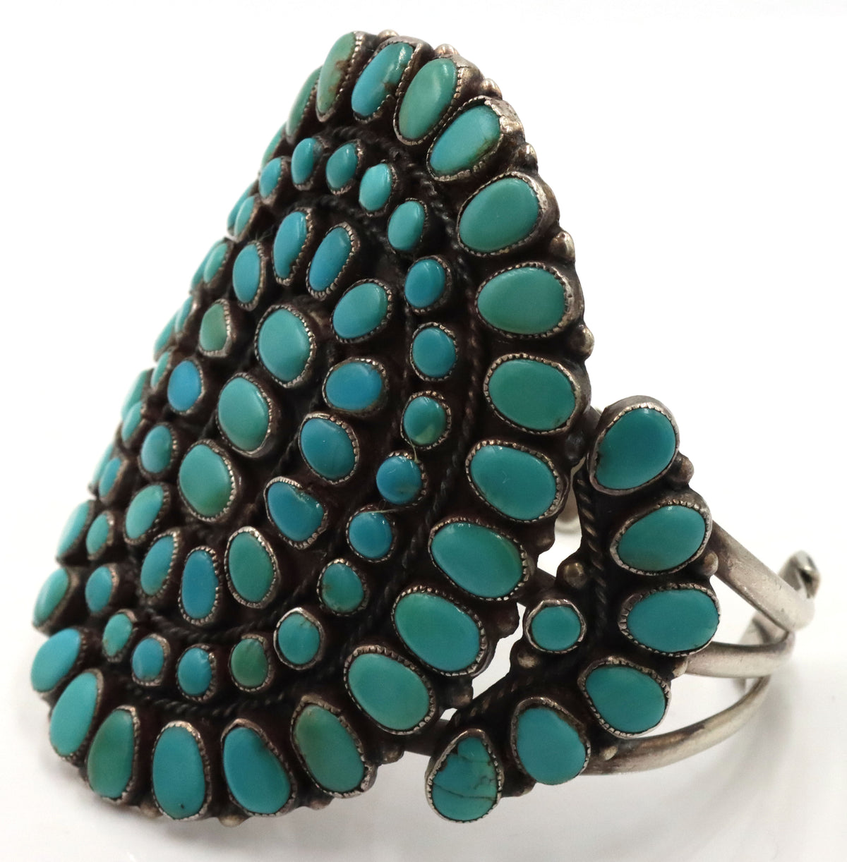 925 Vintage Sterling Silver Rare Large Intricate Cluster  Natural Turquoise Cuff Bracelet
