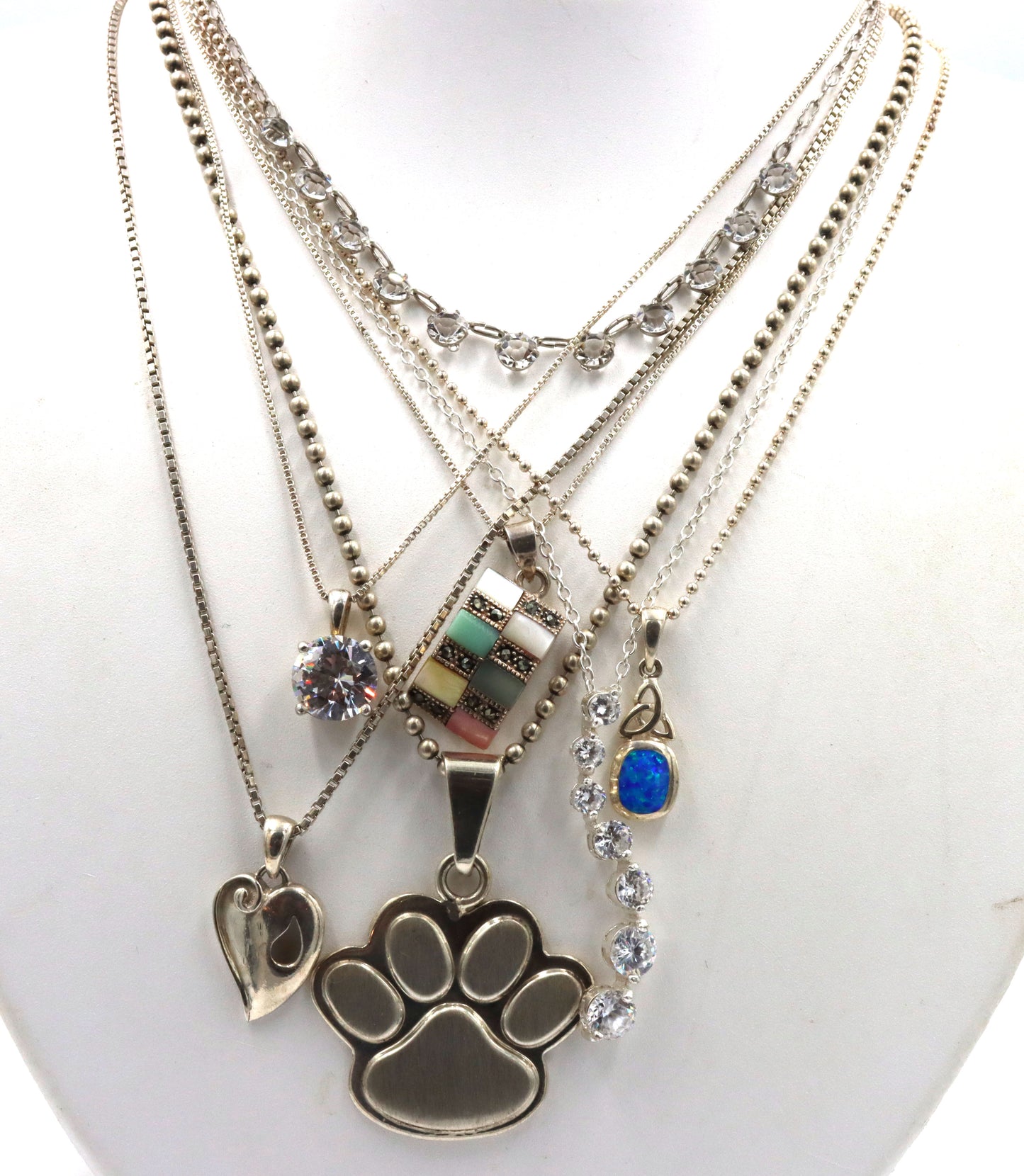 Group lot of 7 vintage 925 sterling silver pendants on chain necklaces