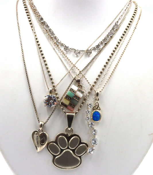 Group lot of 7 vintage 925 sterling silver pendants on chain necklaces