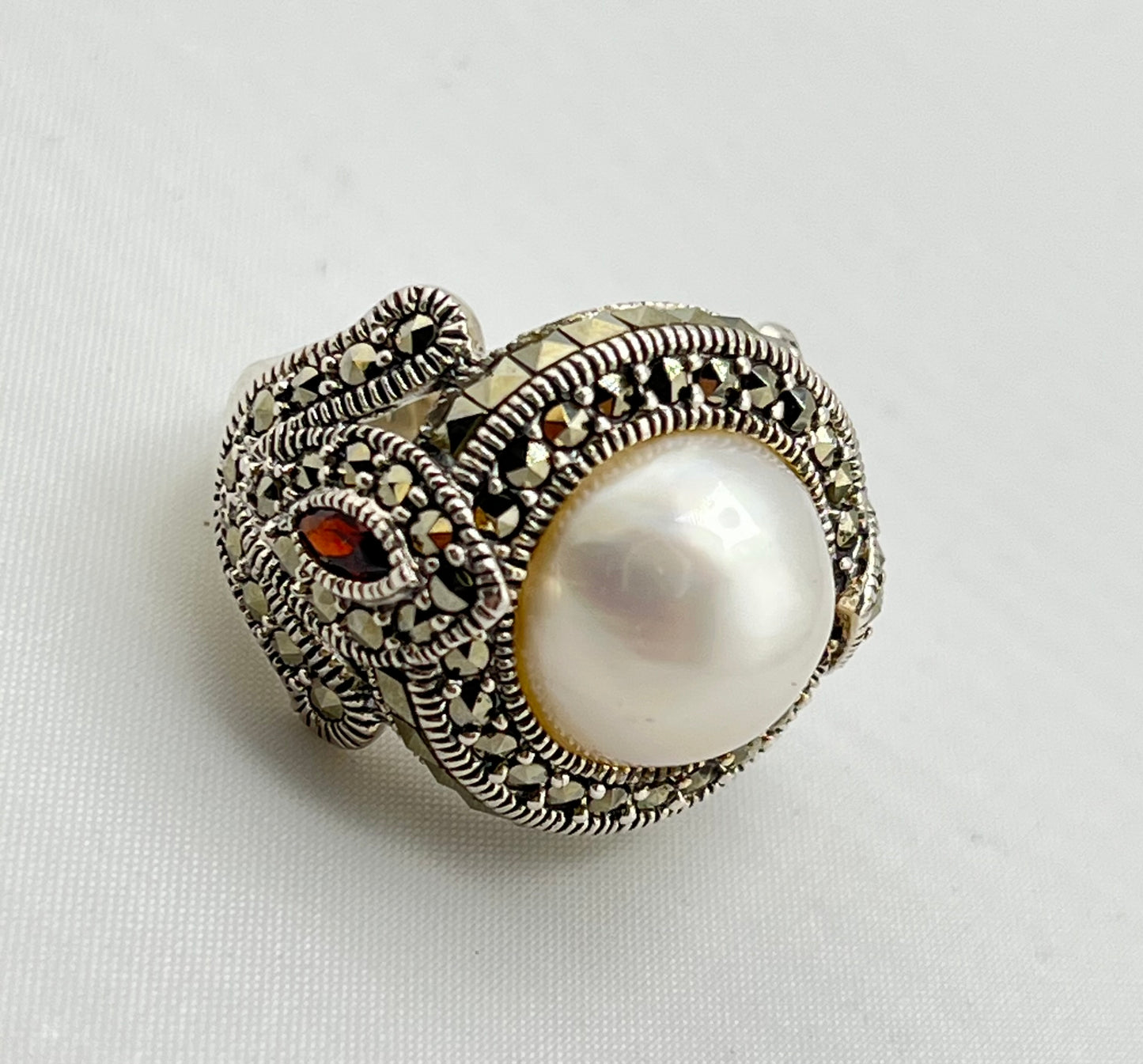 925 Sterling Silver Victorian Blister Pearl And Faceted Marcasite Ring