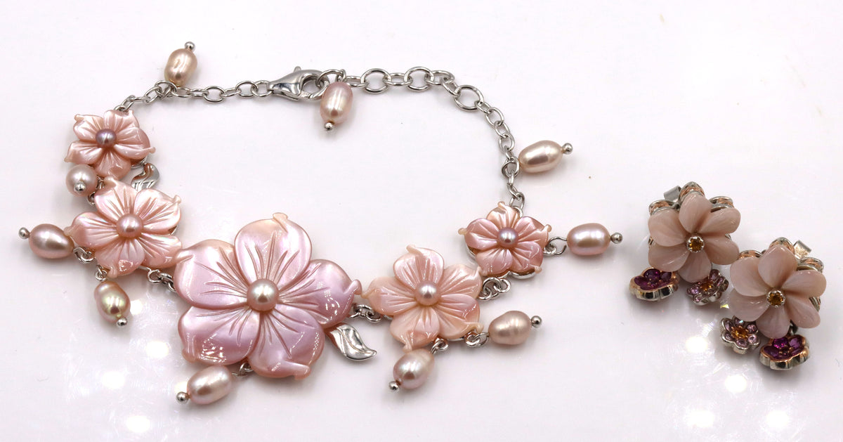 925 Sterling Silver Pink Mother Of Pearl Bracelet And Earrings Set