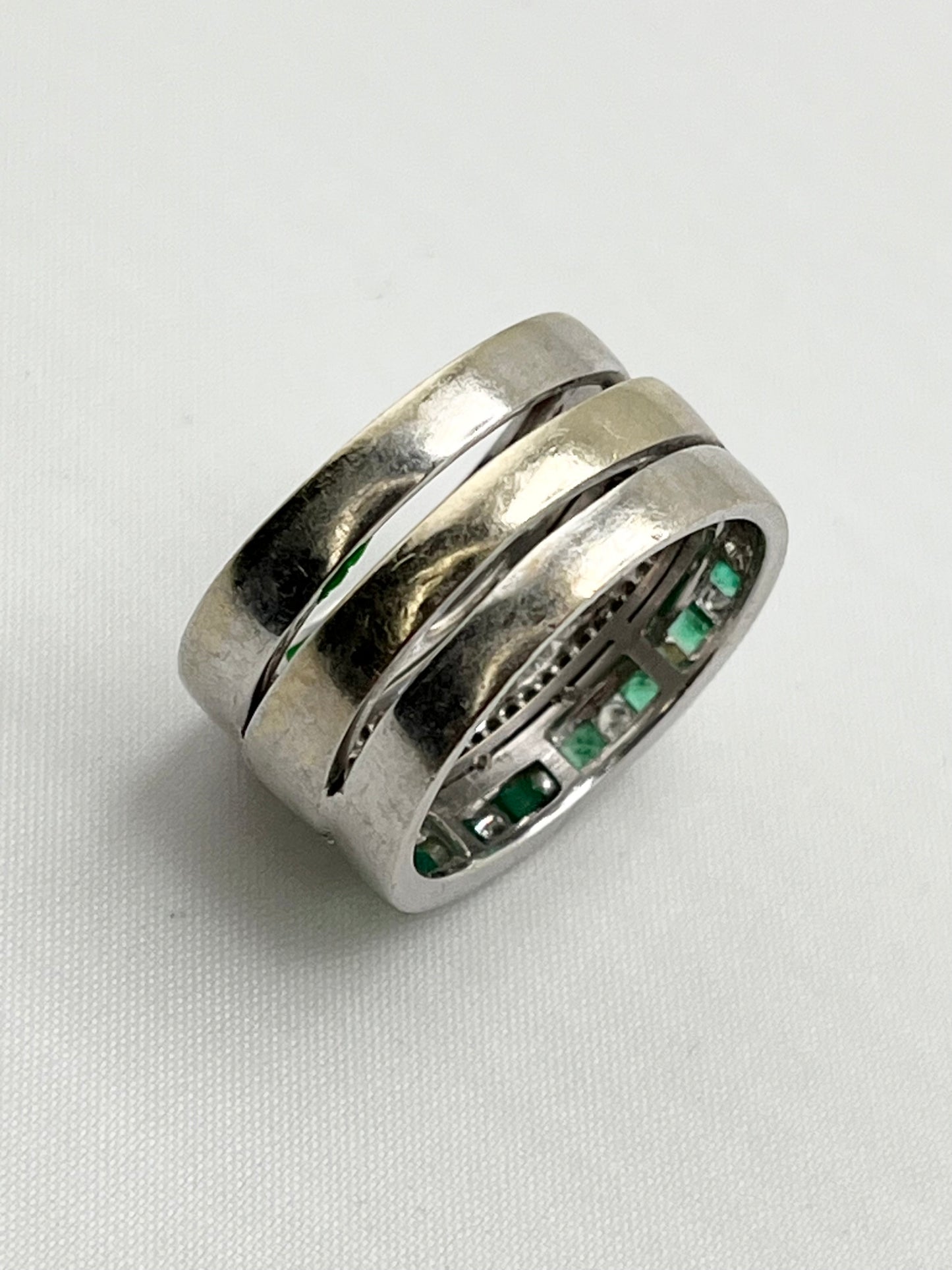 14KT White Gold Attached Eternity Band Set In Ruby, Emerald And Diamond Ring