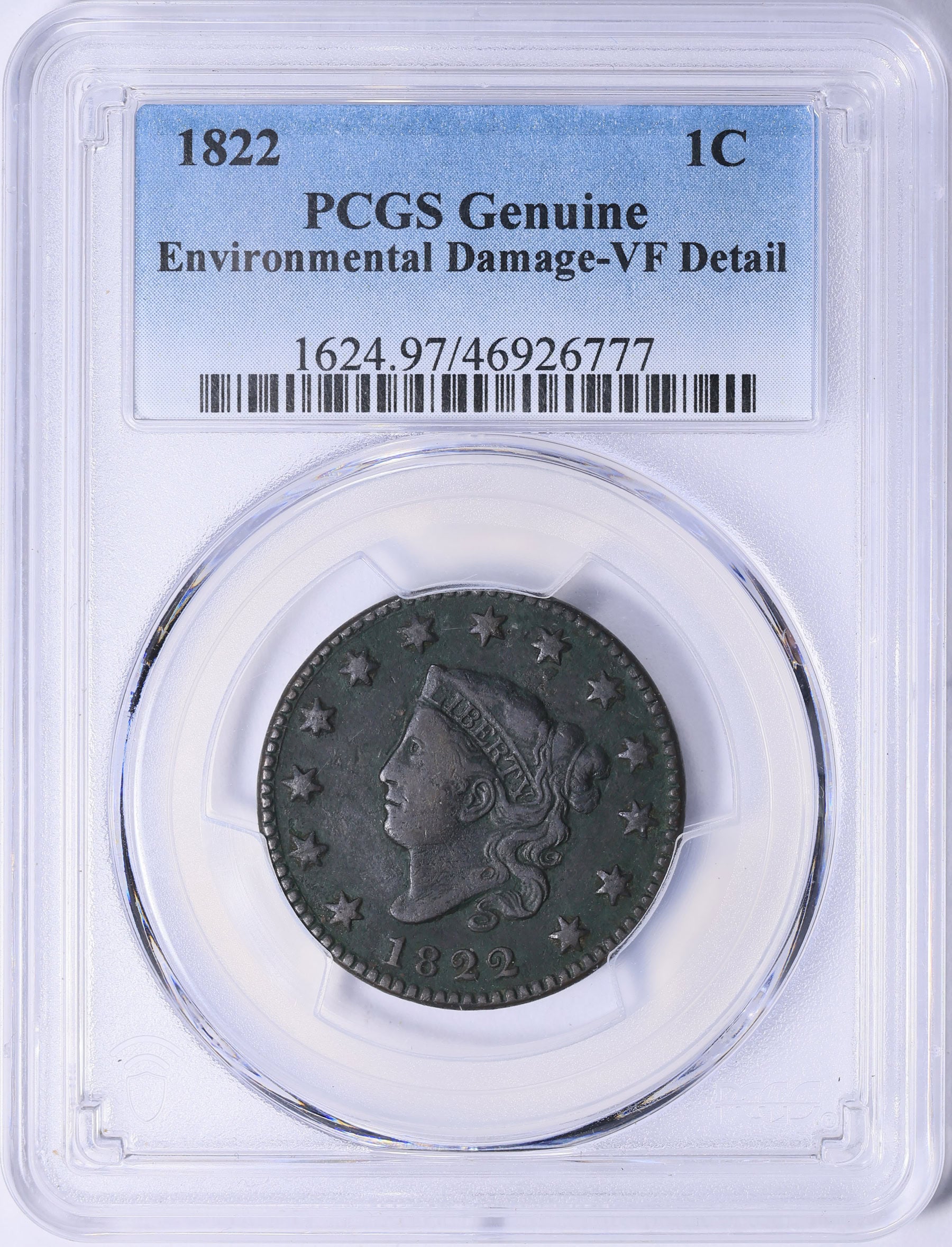 1822 Matron Head Large Cent PCGS Genuine VF Details Early U.S. Copper Coin