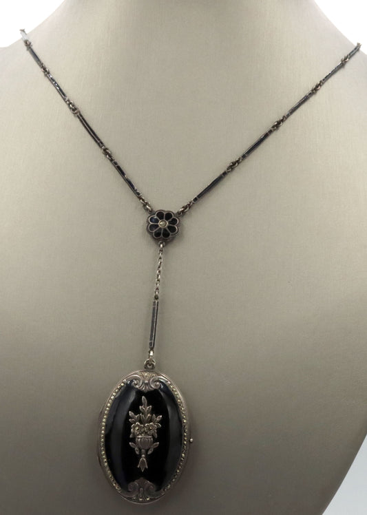 Vintage 925 sterling silver black onyx photo locket pendant lariat necklace