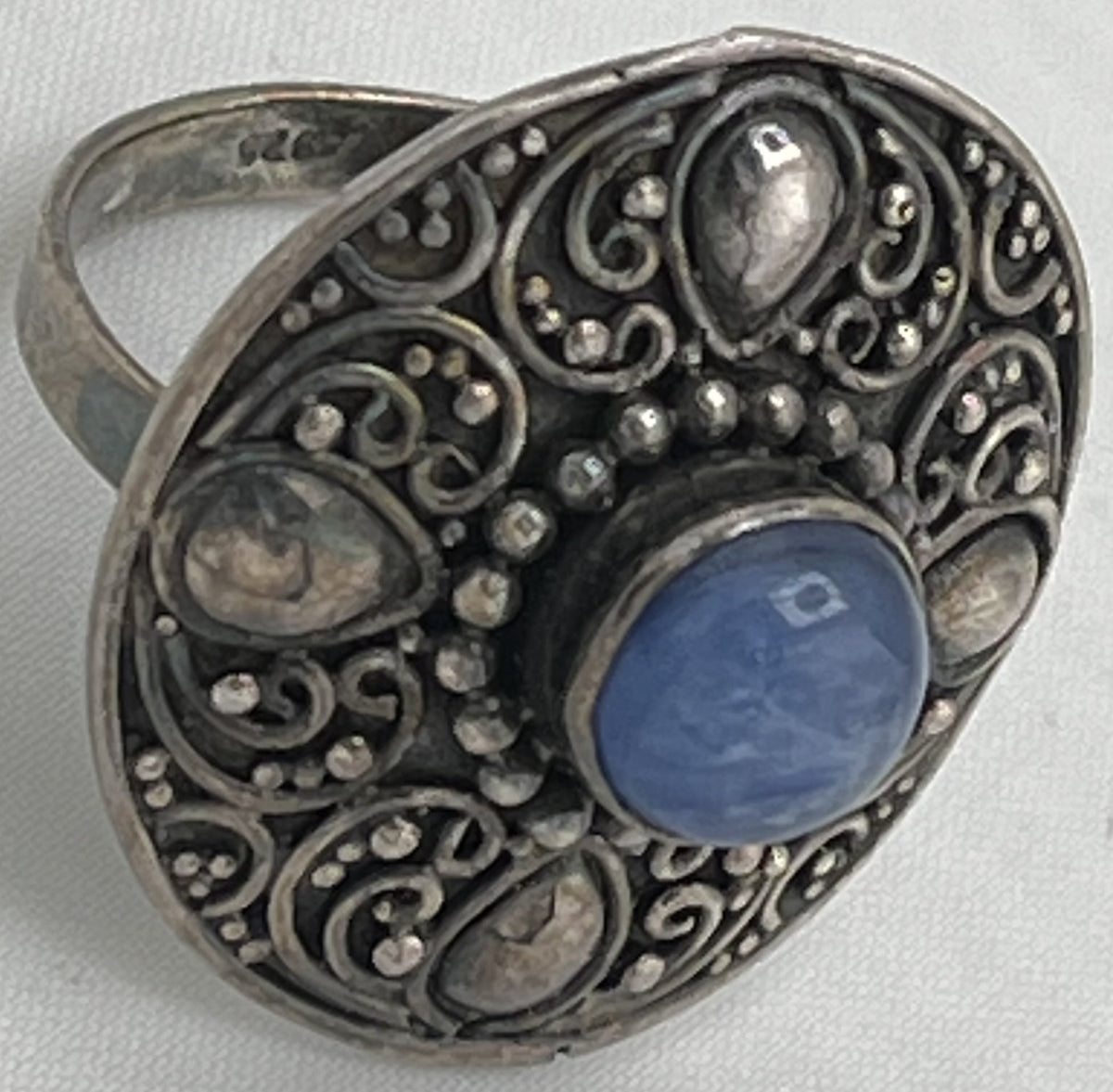 925 Sterling Silver Vintage Etruscan Revival Design Blue Opal Ring