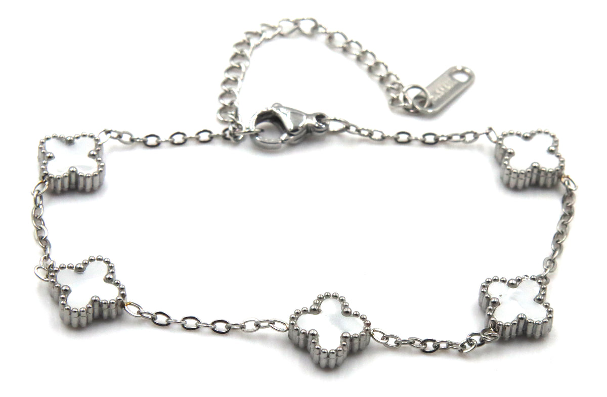 Stainless steel white stone clover station bracelet