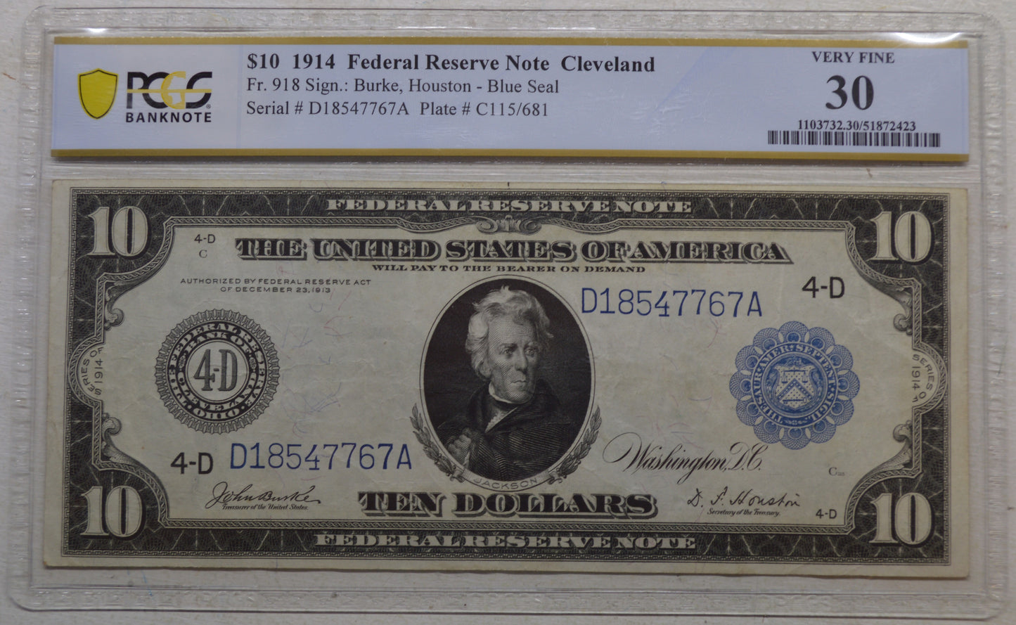 1914 $10 Cleveland Federal Reserve Note – Burke / Houston – PCGS Very Fine 30 Fr. 918