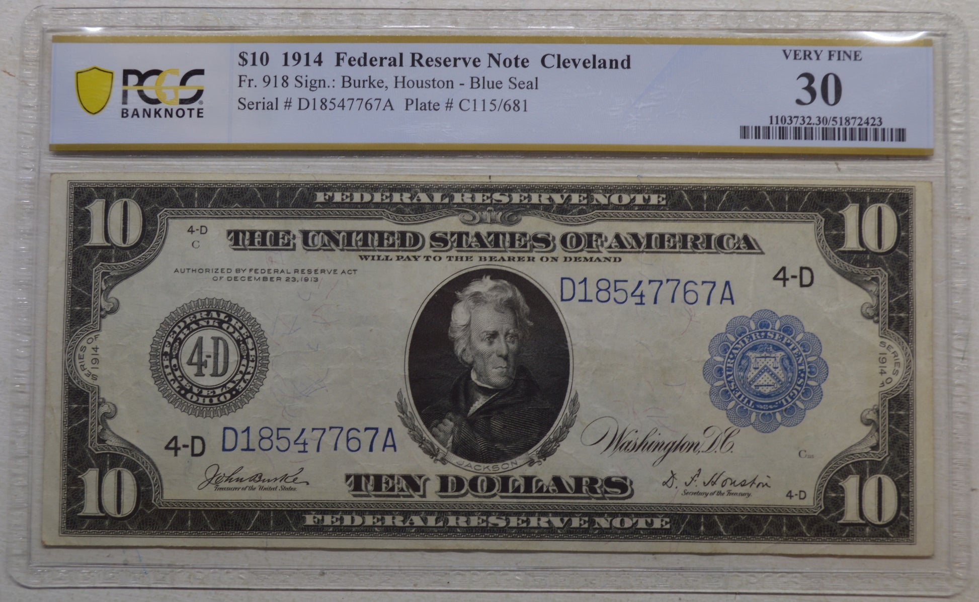 1914 $10 Cleveland Federal Reserve Note – Burke / Houston – PCGS Very Fine 30 Fr. 918