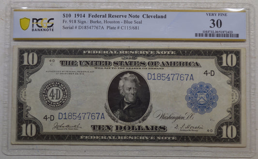 1914 $10 Cleveland Federal Reserve Note – Burke / Houston – PCGS Very Fine 30 Fr. 918