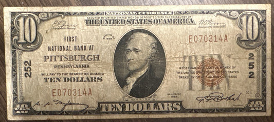 1929 $10 National Bank Note First National Bank of Pittsburgh, Pennsylvania (Charter 252) Series of 