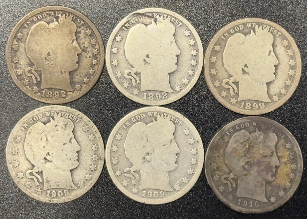 1892, 1892, 1899-O, 1909, 1909 & 1916 Barber Silver Quarter Dollar Coin Collection