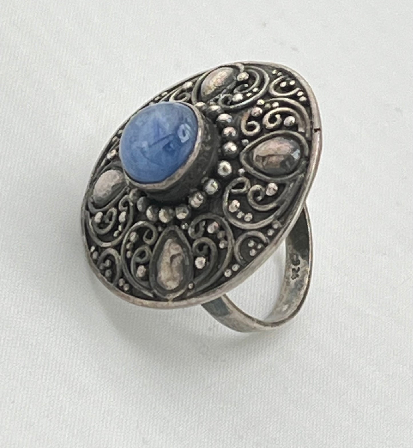 925 Sterling Silver Vintage Etruscan Revival Design Blue Opal Ring