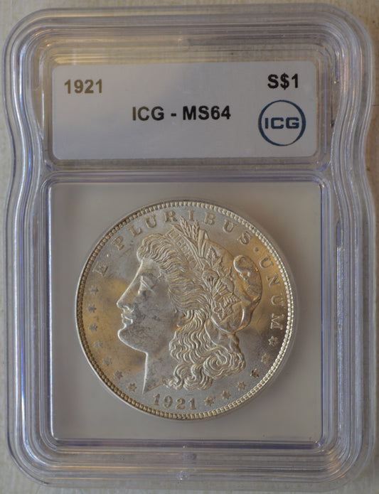 1921 Morgan Silver Dollar ICG MS64 Brilliant Uncirculated, Strong Luster