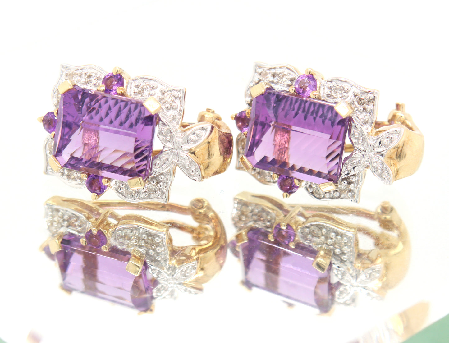 14kt two tone gold amethyst and diamond frame clip on earrings