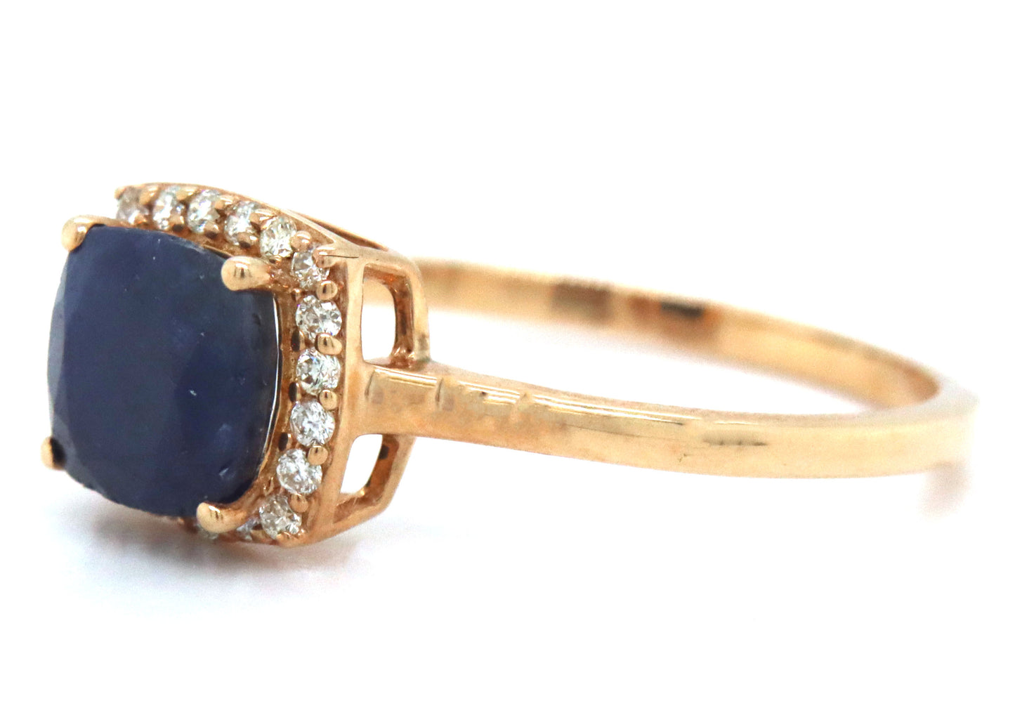 10kt Yellow gold cushion sapphire and diamond halo ring
