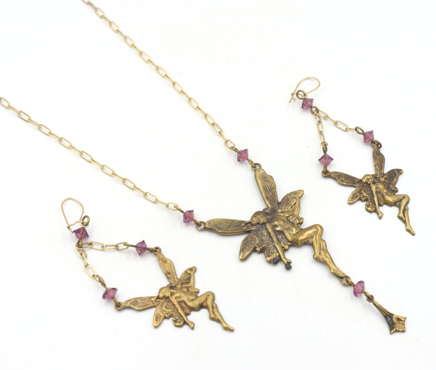 Set of Vintage brass Pididdly links fairy necklace and dangle earrings