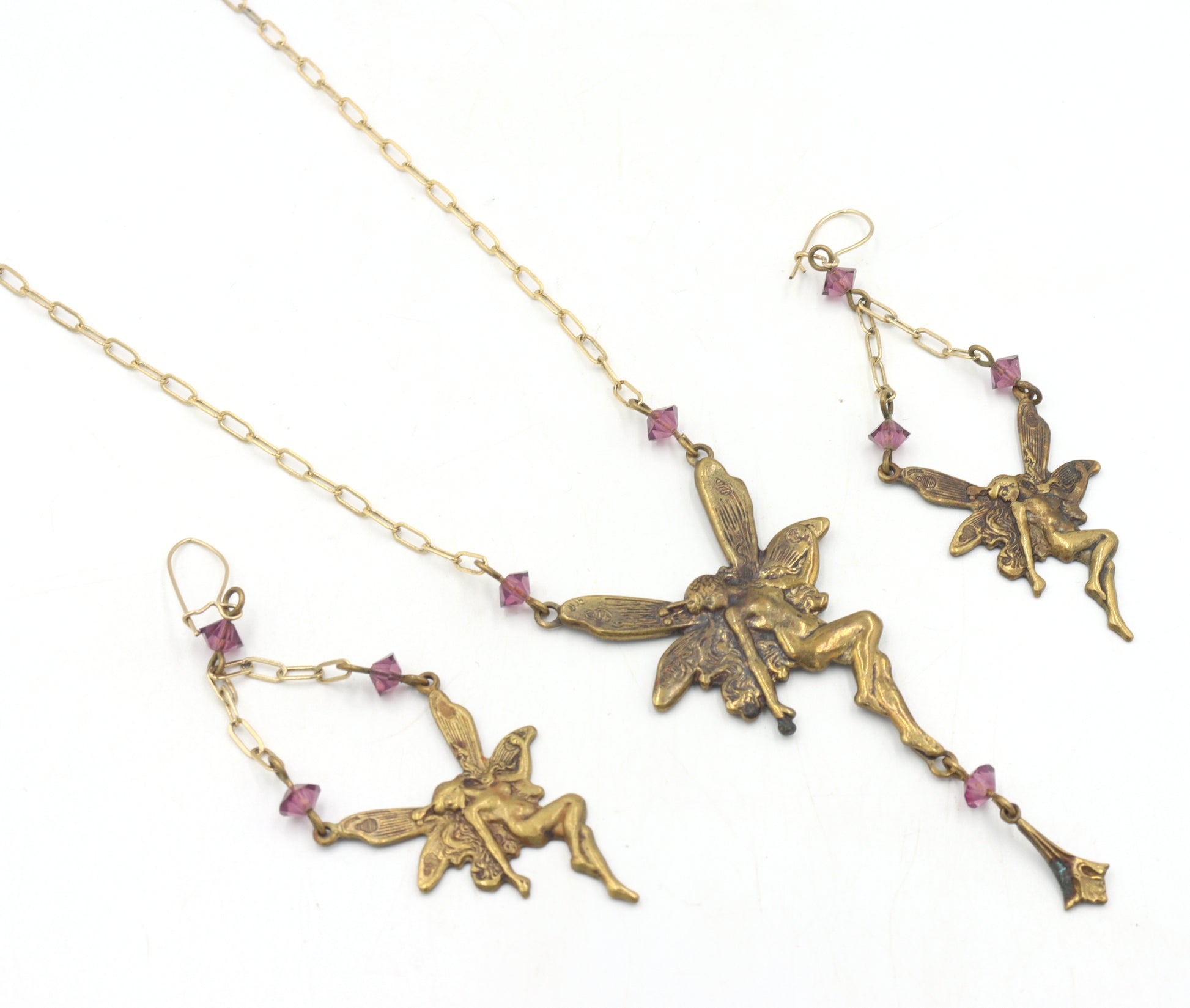 Set of Vintage brass Pididdly links fairy necklace and dangle earrings