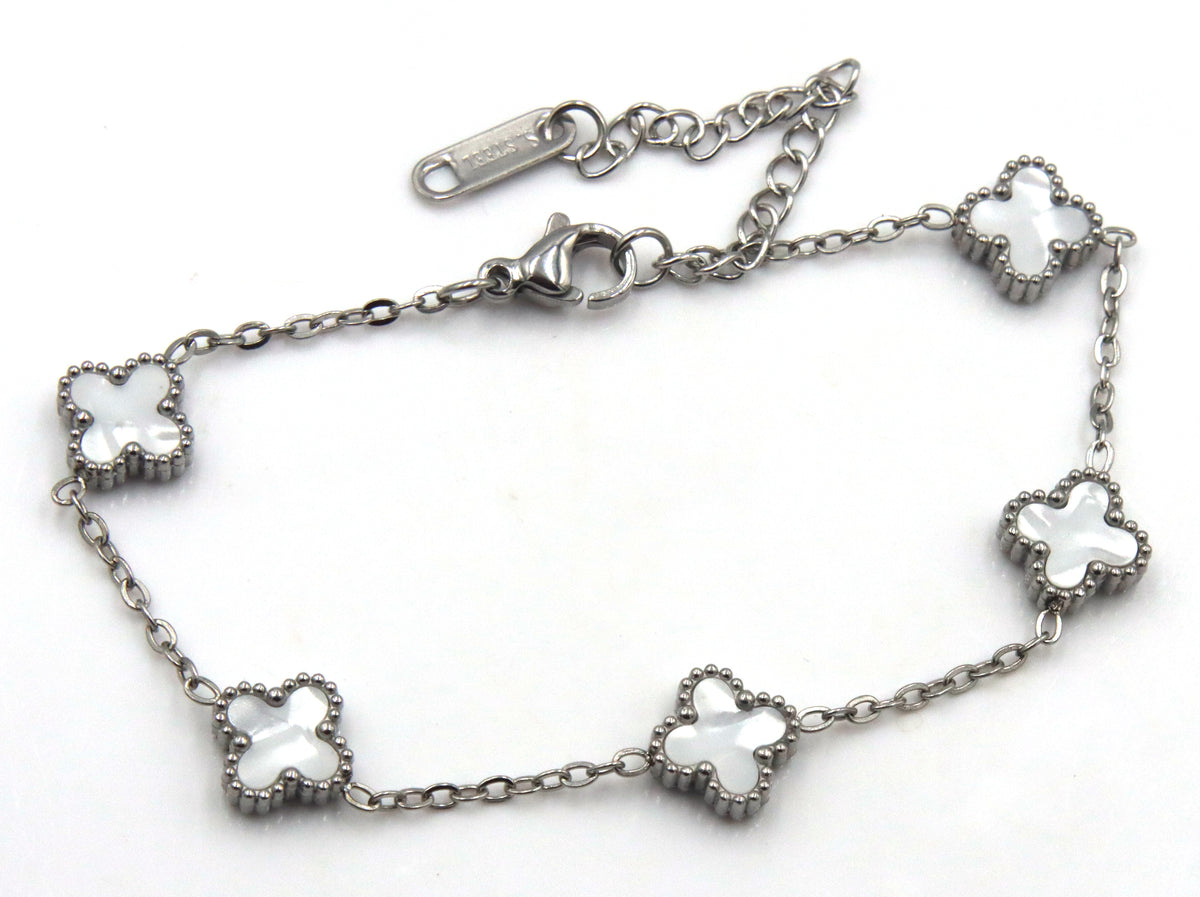 Stainless steel white stone clover station bracelet