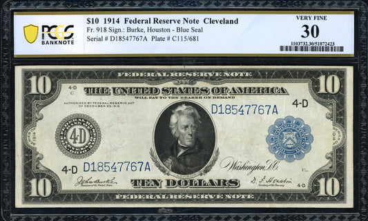 1914 $10 Cleveland Federal Reserve Note – Burke / Houston – PCGS Very Fine 30 Fr. 918