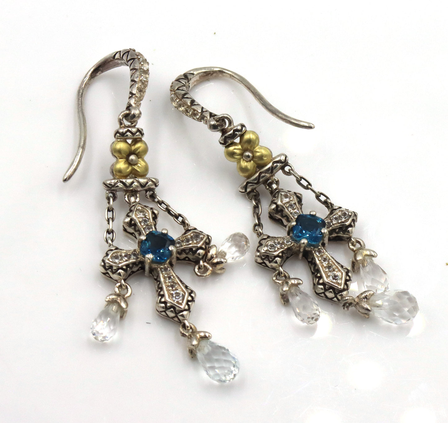 2 Pairs of Barbara Bixby sterling silver blue topaz and garnet Cross dangle earrings