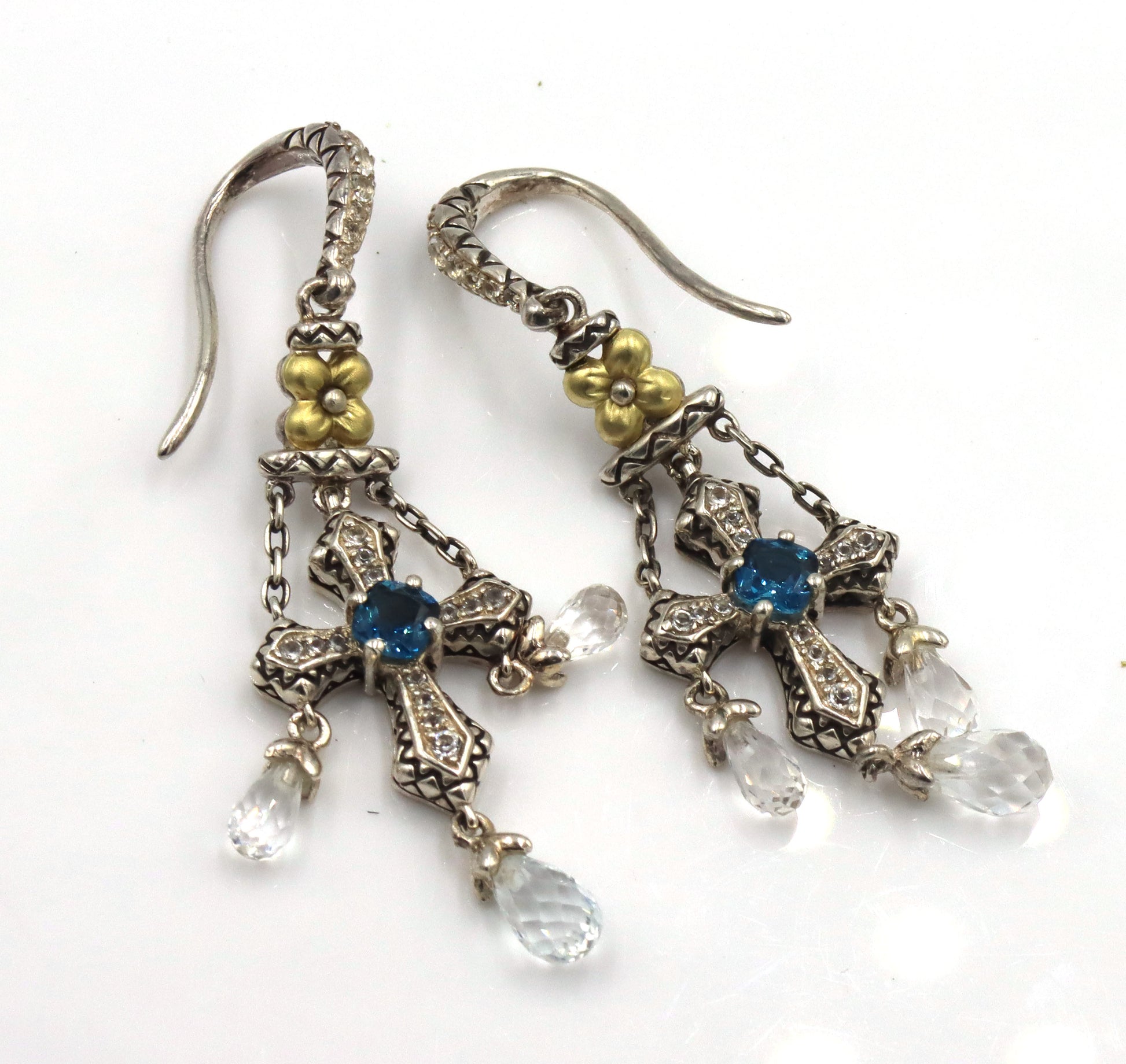 2 Pairs of Barbara Bixby sterling silver blue topaz and garnet Cross dangle earrings