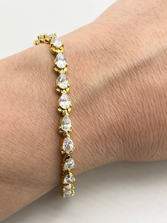 925 Gold Tone Sterling Silver Pear Shaped CZ Tennis Bracelet