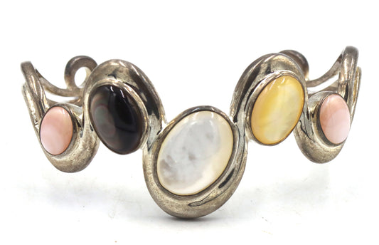 Vintage 925 sterling silver signed black onyx and opal cuff bangle